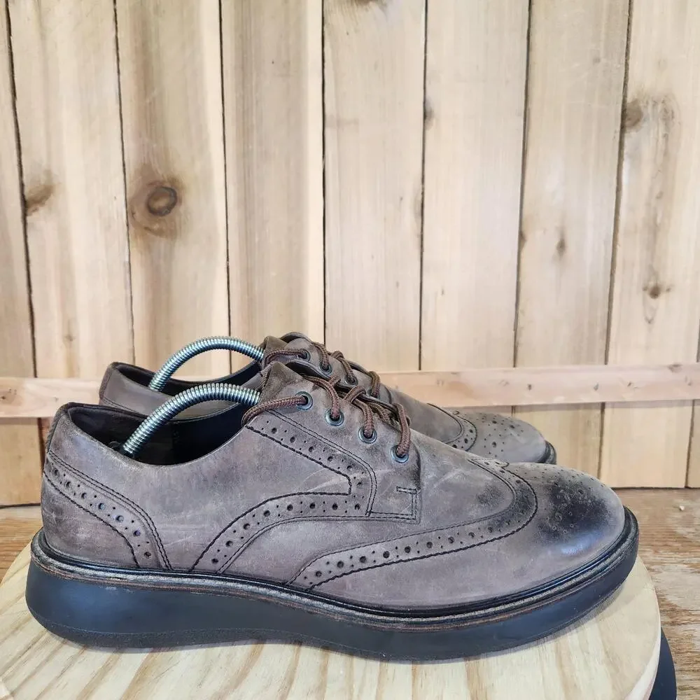 ECCO Lhasa Brogue Tie Shoes Mens 10 44 EU Brown Leather Wingtip Derby Oxford